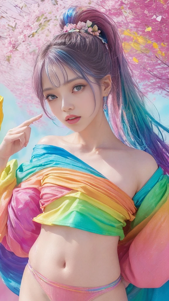 (Pink fashion T-shirt:1.9)、(colourful hair:1.8)、(all the colours of the rainbow:1.8)、((((Vertical Painting:1.6)))、(Painterly:1.6)、frontage、big eye、Sheer eyes、(Iridescent gradient high ponytail:1.7)、Exquisite makeup、Mouth closed、(Small fresh:1.5)、(Wipe Chest:1.6)、long eyes、A teary-eyed man wearing a white off-shoulder T-shirt、(rainbow-colored hair:1.6)、Color explosion, Messy lines, ((Shines)), (colourfull), Chic paint style, (color splashes), Vertical Painting, NSFW、 Paint splashes, Acrylic Pigment, gradients, depth of fields, facepaint, colourful clothes, (elegent: 1.2), Gorgeous,length hair, the wind, (elegent: 1.3), (flower petals:1.4)、(((​masterpiece)))、(((top-quality)))、((ultra-detailliert))、(dynamic ungle)、((Planktonic))、(paint)、((dishevled hair))、(独奏)、((beautifull detailed face))、my shoulder hurts、white  hair、((colourful hair))、(((striated hair))、beatiful detailed eyes、(Gradient color eyes)、((cammel toe))、(colorful backdrop))))、((((a high chroma))))、(((Surrounded by colorful splashes)))