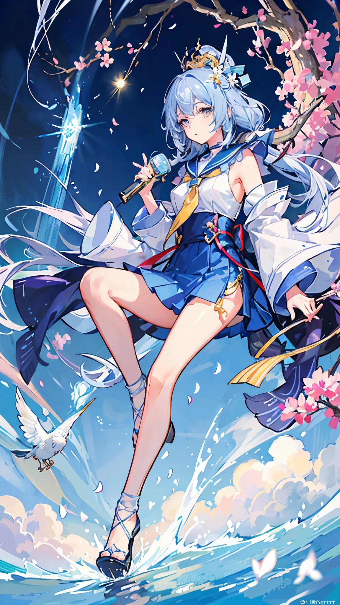 Crystal clear light blue hair、Her hair is gradated and white from the hairline to the middle.、Hair length is up to the knees、A shiny, light blue sailor suit、The hair ornament is glittering gold.、Silver hair ornament、Cherry blossom petals are waiting in the background、Holding an instrument、She has big breasts、Adult face、Playing