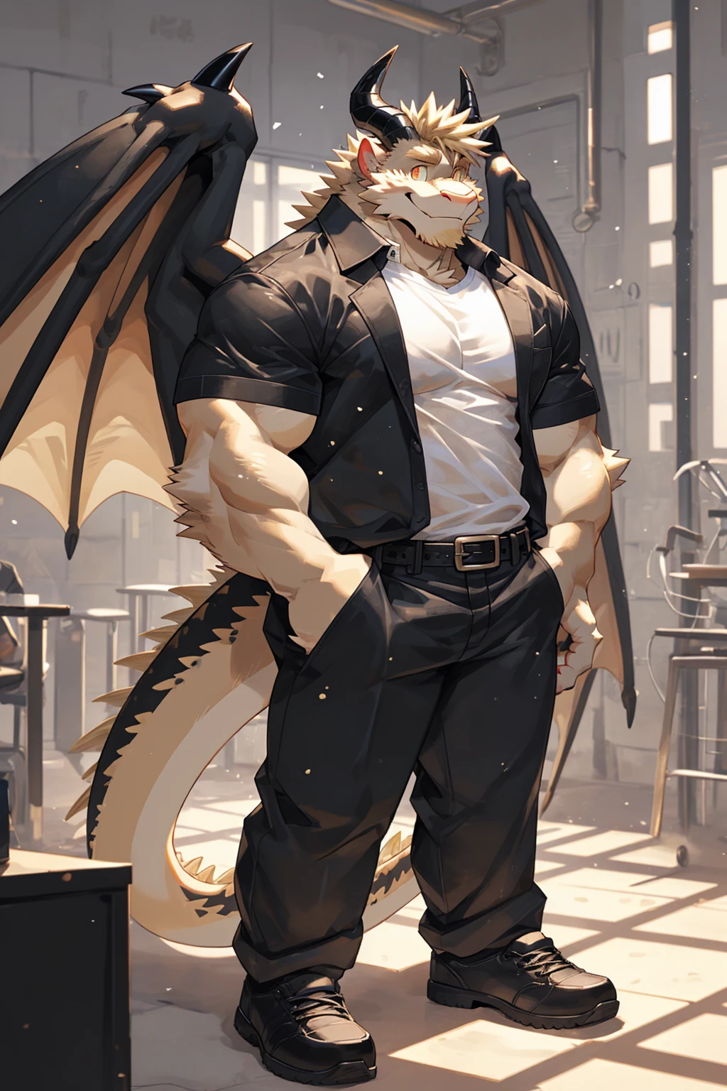 (sfw:1.5), male focus, security guard, Handsome 1boy, solitary，protrait photo, single, (Black eyebrows:1.2), (White nails, White Paws:1.4), (Light blond hair:1.5), (Black and gold dragon wings, Huge black and gold dragon wings:1.3), Black skin, (Black and gold tail:1.4), (Black horn, Black curved corners:1.4), (Black body:1.4), (All black:1.4), (Pale blond chin, Pale golden neck:1.4), Pale golden ?????, Light blond ????? hair, (perfect golden eyes:1.4), (Black scales:1.3), (Black arms, Black fingers:1.4), (Black forehead:1.4), 
Western Dragon, dragon, dragon boy, dragon body, feet, (big eyes, large eyes:1.4), (Chubby face, The body is huge, Larger face:1.3), 
(Black short sleeve, White short-sleeved shirt, Black pants, Black short shoes, Black leather belt:1.4), 
(full body:1.3), (Mature men:1.4), (Strong body, muscle,Strong male:1.3), (Thick arms:1.3), (Standing:1.4), (Looking at the audience, Focus, Eyes gaze:1.2), (Smile:1.4), 
full background,ground, Blue sky, White Cloud, ground, School, School大门, security guard亭,
, Mysterious and romantic atmosphere, Caustic lines(refraction, polarization)Perfect anatomical structure, absurd, Detailed background, (Delicate eyes:1.3),Printing style。((artist:Takemoto Arashi))