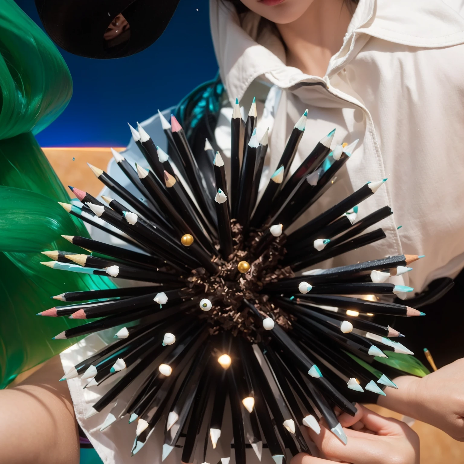 This imaginative image showcases a unique weapon crafted from pencils, arranged in a radial pattern to resemble a mace or club. The pencils, all with their points facing outward, create a visually striking and somewhat menacing effect, as if the weapon is both artistic and functional. The center of the arrangement features a dark, crystalline structure, suggesting a core that holds the pencils together. The surrounding elements of the image are a blend of various contexts, adding to the surreal nature of the composition. The pencils themselves are traditional writing instruments, yet their arrangement in this context transforms them into a creative representation of a medieval or fantasy weapon. This depiction is both whimsical and thought-provoking, turning everyday objects into a piece of art that challenges conventional uses and perceptions.This portrayal captures the essence of a character full of life, joy, and a touch of whimsy. 3d model, multiple light sources, rim light, sharp post broken glass magic ball of turquoise color with fragments lying nearby frame above from above on a white background effects render, (glossy plastic texture with multiple big light probe refractions), perfect cgi, smooth silhouette, high intensity refraction, (super glossy plastic material), most beautiful vfx, , realistic, 4k, high resolution, rim light, smooth 3d model, multiple light sources, rim light, sharp post effects render,, realistic, 4k, high resolution, rim light detailed digital art, reflective, best quality, 4k, masterpiece:1.2, ultra-detailed, realistic, vivid colors, The image of the highest quality, ensuring every detail showcased perfectly. It in 4k resolution, allowing viewers to immerse themselves in the richness of the colors and intricate details. The realistic rendering. under the spotlight, reflecting, high-resolution image, realistic rendering