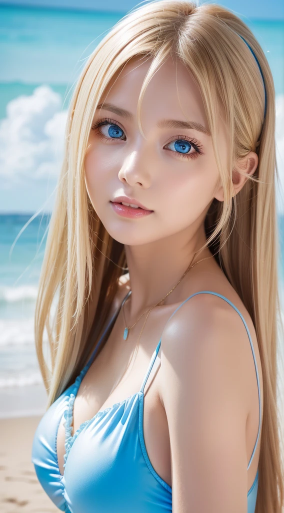 Adorable, years , Ruffled plummeting one-piece swimsuit,  A very beautiful blonde girl from Scandinavia,  Lush bust,Beach,   Low contrast, (Smirking expression:0.8), Super Long Straight Silky Hair、hair scrunchie,  long bangs between eyes、Best Quality, 超A high resolution, photographrealistic, ultra-detailliert, 8K, Raw photo, masuter piece、Very beautiful bright and shining light blue big eyes、very big eyes、gloss cheek highlights、Small face beauty、Kamimei