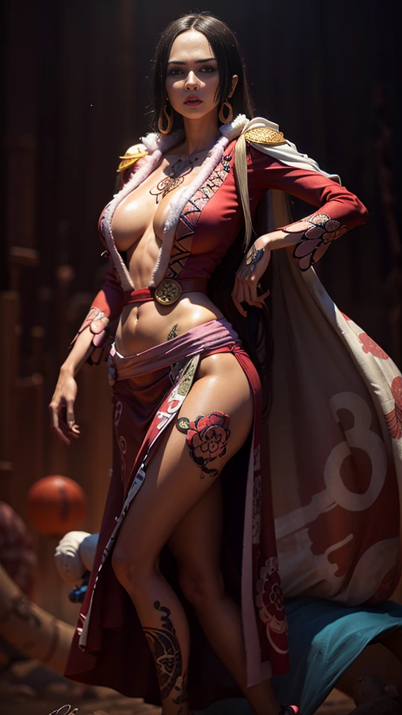 A close-up portrait of beautiful aurakasih wearing (boa hancock red costume:1.4), it exposed her breast and (irezumi tattoo:1.4) on her shoulders, bottomless, she looks sexy with droopy breast, slim body with skinny posture, blue eyes, brunette hair with traditional accesories, she hug her breast up when posing, when daylight, blue tones, vivis colors, warm atmosphere, wide angle, facing forward, dramatic background