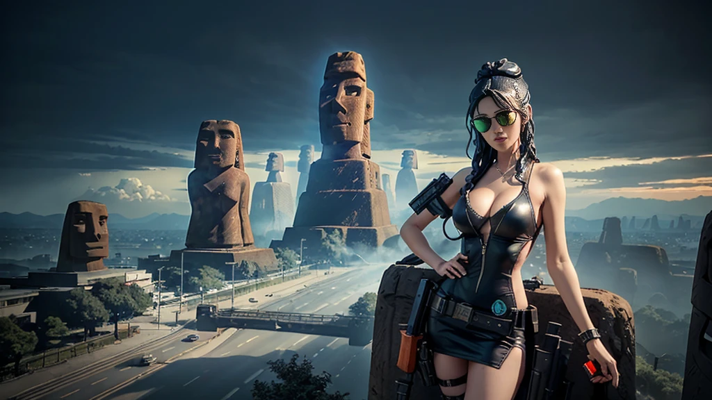At night, dark sky, aerial view of fantasy cyberpunk style ((Moai-statue)) city, ((flying vehicle)). ((1girl, solo, alone)), photo realistic, medium-:1.1 slim body, ,  clothes, (black sunglasses), (((hip-up standing and pistol aiming pose))), half-body thigh level medium shot, cinematic lighting.