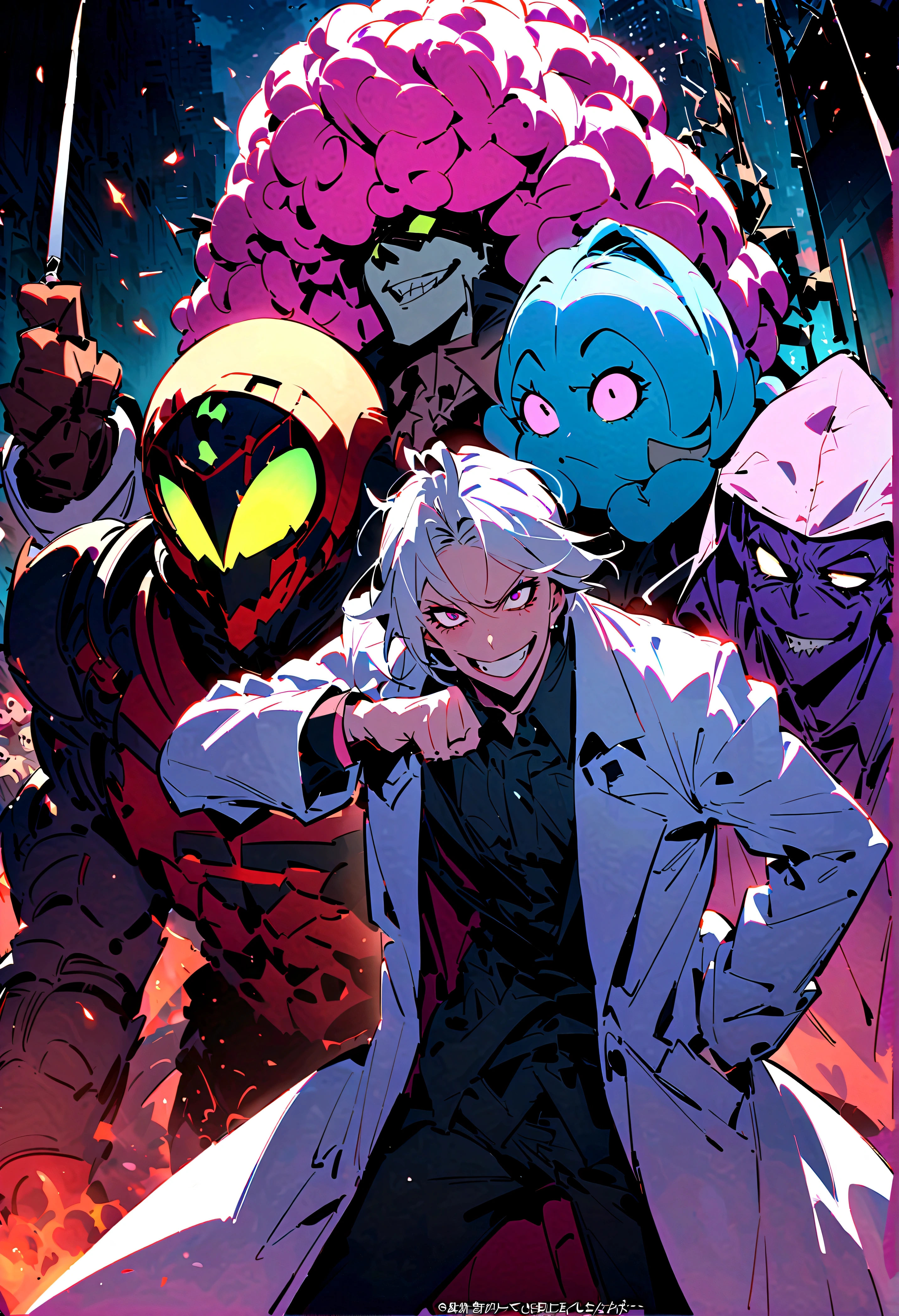 highest quality、masterpiece、detailed、mad scientist、mad scientist、white clothes、crazy smile、evil genius者、Has a super brain、Past々He has incomprehensible values and outrageous aspirations such as conquering the world.、I don't think about the troubles around me。being portrayed as a villain、more simply「evil scientist」、Also「evil genius」、「crazy genius」、robot、It is common to see depictions of people developing androids and causing havoc.。Often the villain, but in the case of the former、In comedies, the main character's friends and、Creator of the robot protagonist、