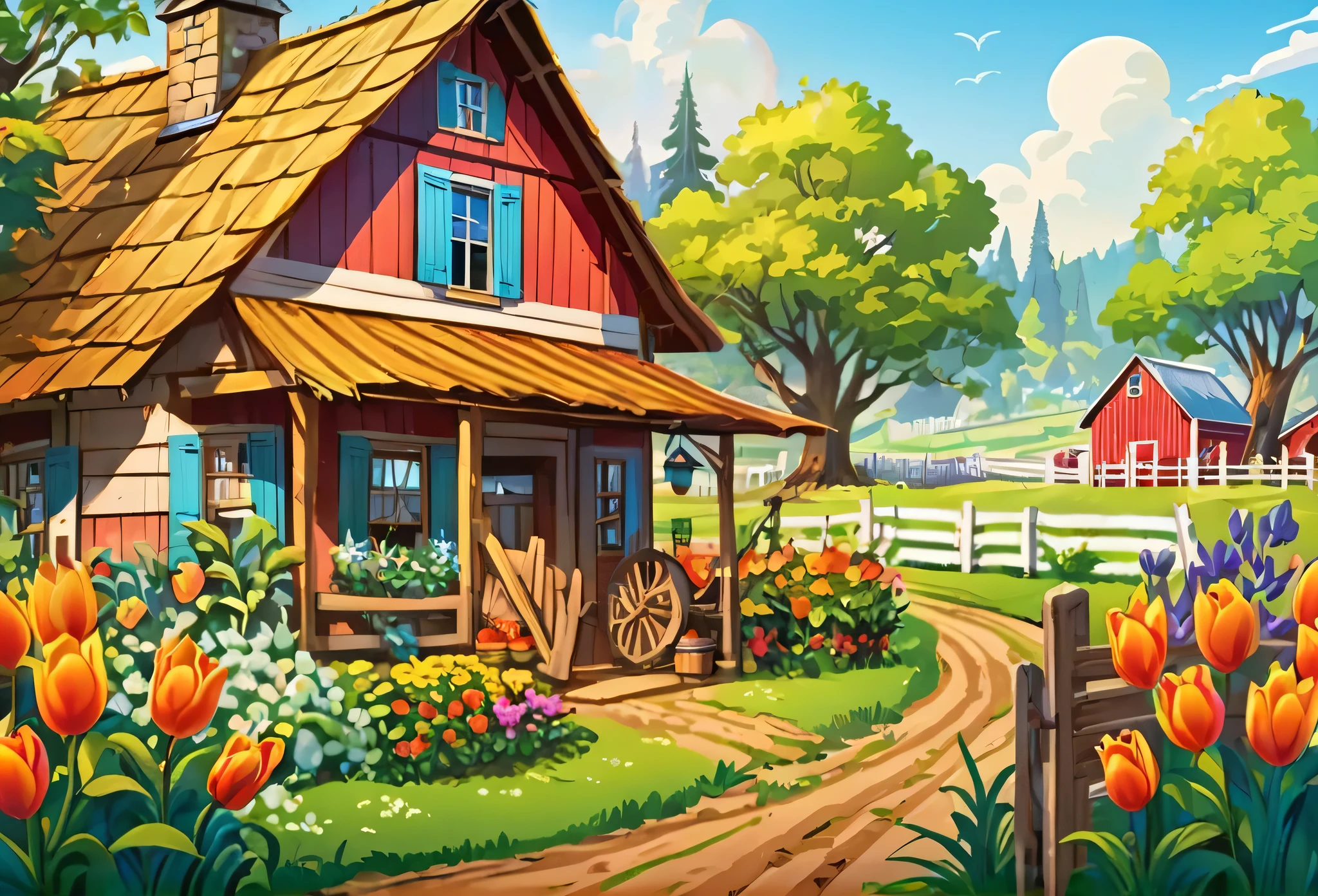 A small farm house (masterpiece best quality:1.2) delicate illustration ultra-detailed,  (disney-related event) out door farm,  detailed background, illustrations, bright, colourful, 