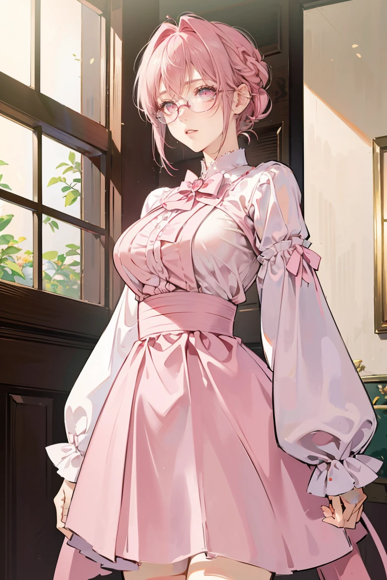 anime - (masterpiece), best quality, seductive eyes, mature face, pink eyes, short length pink hair, plain white long sleeve, pink long skirt, pink boots, round glasses, tall woman, long legs, adult-like female, 1girl, big breast, shy face, shy standing pose