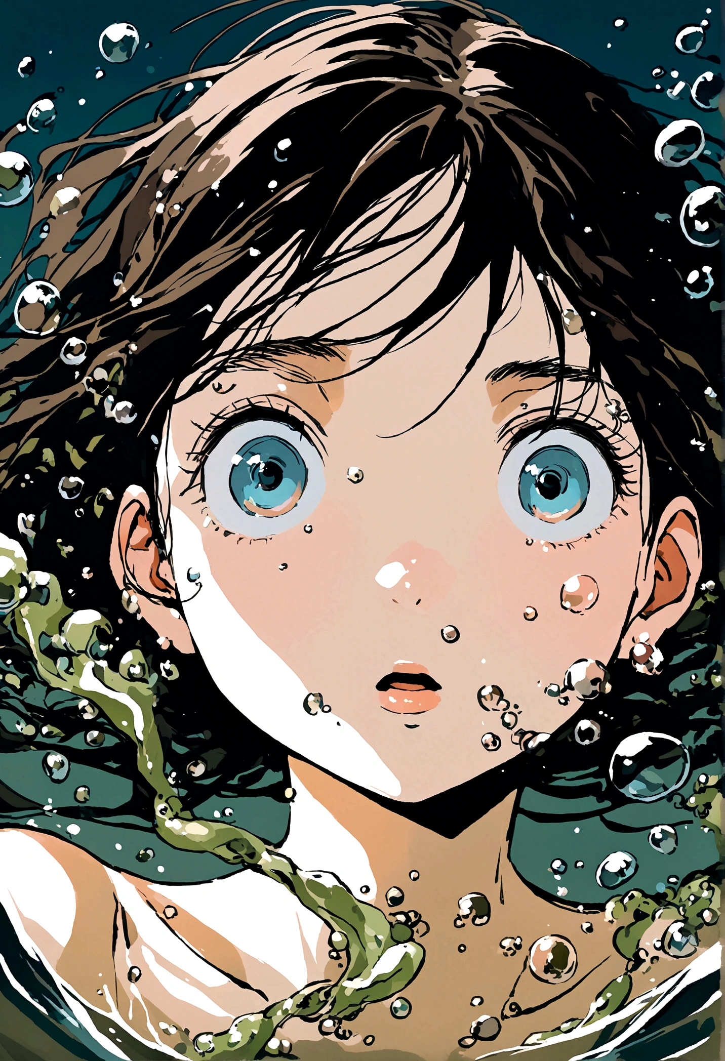 Sinking into water,Girl,bubble,Black Hair,close up,Illustration style
