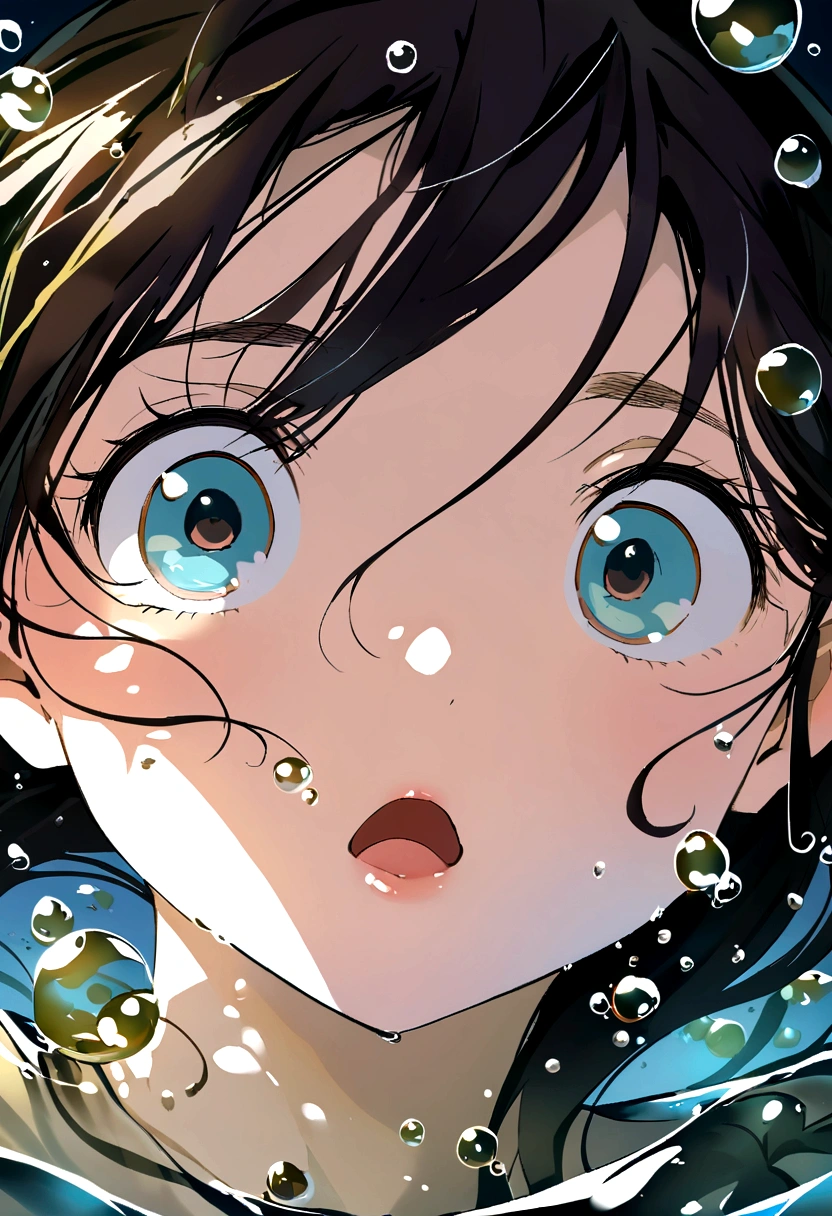 Sinking into water,Girl,bubble,Black Hair,close up,Illustration style