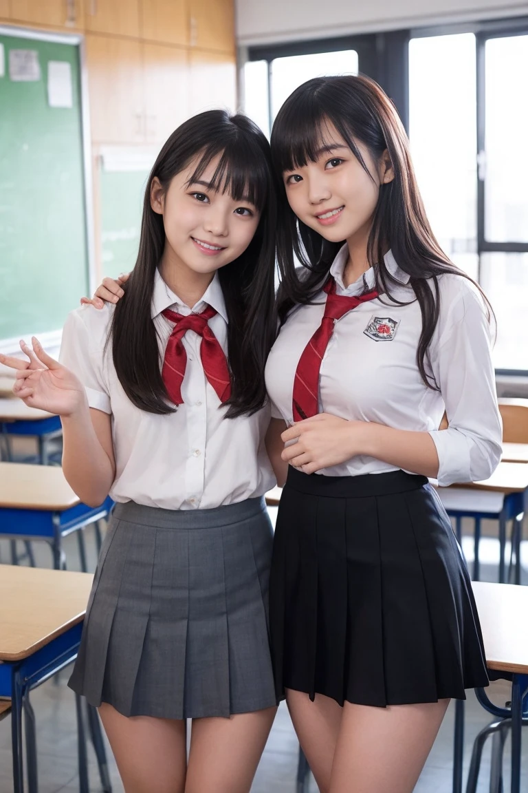 Two junior high school girls、Student uniform、In the classroom、In the classroom、Black Skirt、White shirt、Black Hair、ASİAN、10th Generation、Two people lined up、Sexy white panties、Skirt flipped up、Cute smile、Large Breasts、bangs、Inner thigh pose、Please hold your crotch with your hands、Invite you inside、Female students pressing their breasts against each other、Shining thighs、Full Body