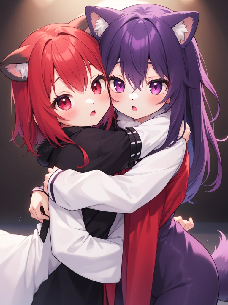 Furru_kemono,  purple hair,long hair,purple eyes, 
and, Furry_kemono,  red hair, short hair,red eyes, break, 2hoys,hug, ,blush, deep kiss, ADDCOL,hug, masterpiece, high quality, very_high_resolution, large_filesize, full color,