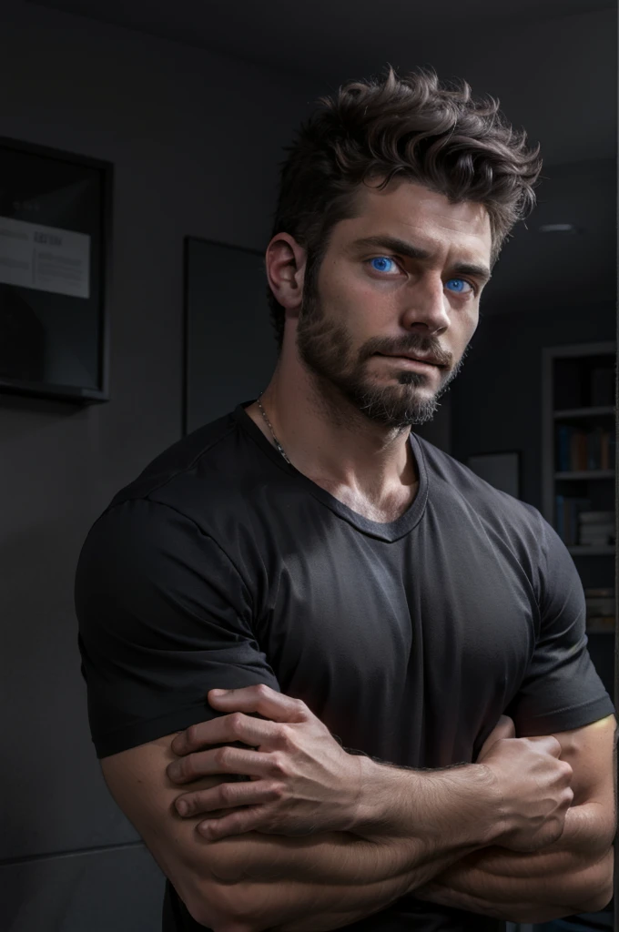 A man with blue eyes and a small beard and dark hair in a black shirt