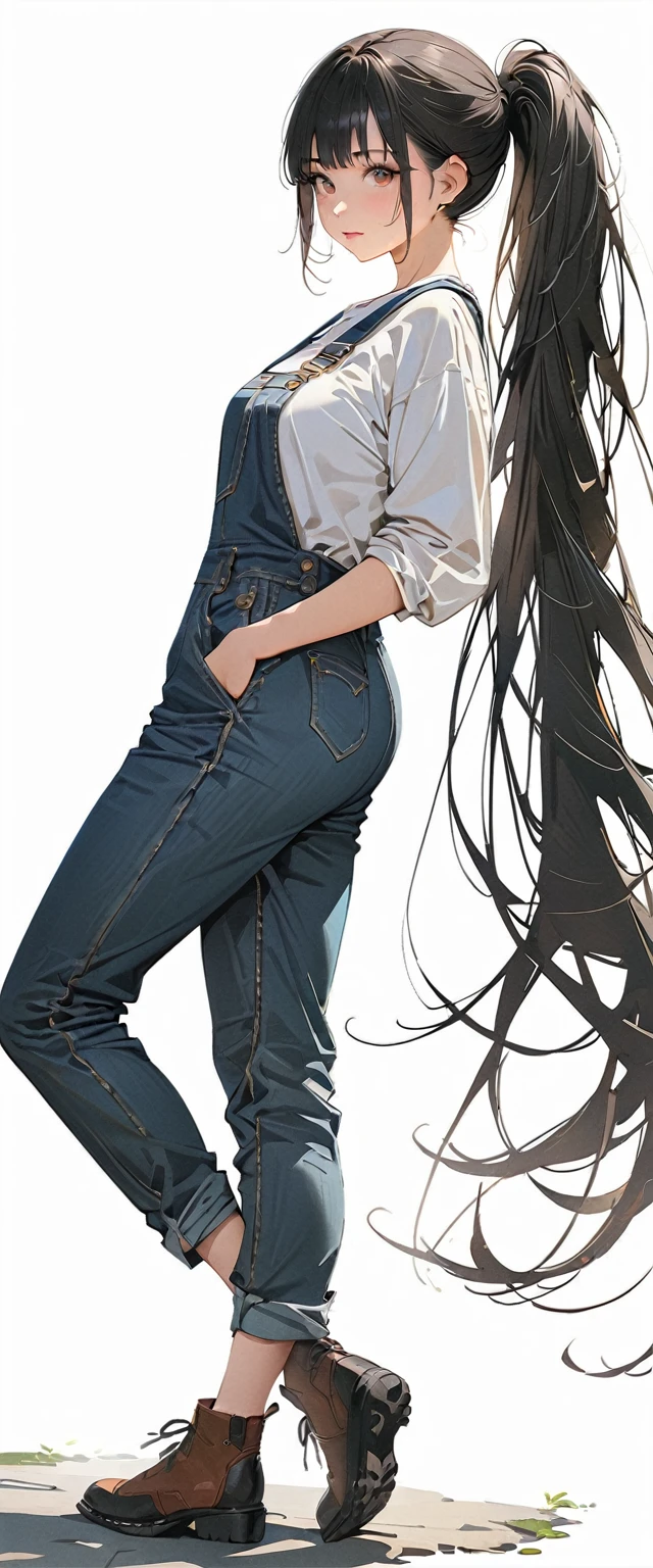 20 years old,1 mature woman,hyperrealistic, 8k, (extremely detailed 8k), (very delicate and beautiful), (masterpiece), (better quality:1.0), (ultra high resolution:1.0), (masterpiece, best quality),cute,black hair,ponytail,full body,white background,realistic skin,overalls,model posing