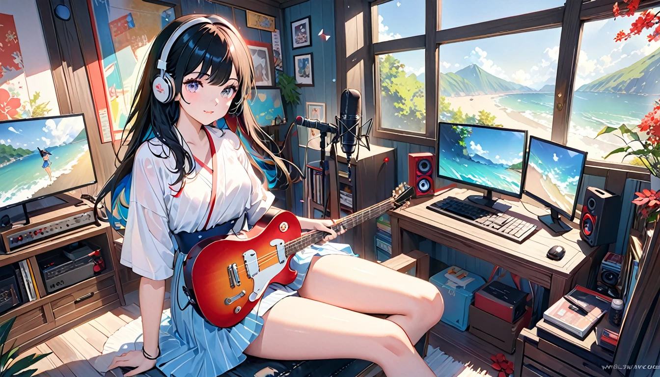(Absurd:1.1, High resolution:1.1, 超detailed:1.1), 非常にdetailedな, 超detailed hair, (Fine grain:1.4), (Shining Eyes:1.3), thin, cute, Perfectly symmetrical face, narr○w waist, 超cute girl, 超cute face, 超cute, Super beautiful, Beautiful colors, merry (Yanmar gauge),From wlop,((Great quality)), (Beautiful legs), (Beautiful Hair), Black Hair, computer, Beautiful Style (Beautiful colors,detailed,Highest quality,Great quality,so beautiful), guitar, Headphones, microphone, Swimwear, Lighting and Shadows(perspective), Lighting particles, colorful, masterpiece, Very stylish room,