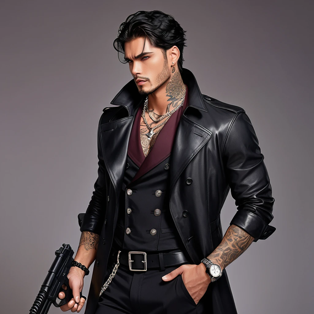 A Handsome Crime Lord. He have Broad-shouldered, athletic build. He have tousled jet black hair, lightly tanned skin tone, and Onyx black eyes, with reddish tint. He have tattoos all over his body, with well-groomed stubbles on his chin. He wear Black Leather Trench Coat over Burgundy Single-breasted dress shirt, and black vest. He wear black slacks, and boots. A silver chain necklace adorned his neck, and silver bracelet watch adorned his left wrist, holding a gun.