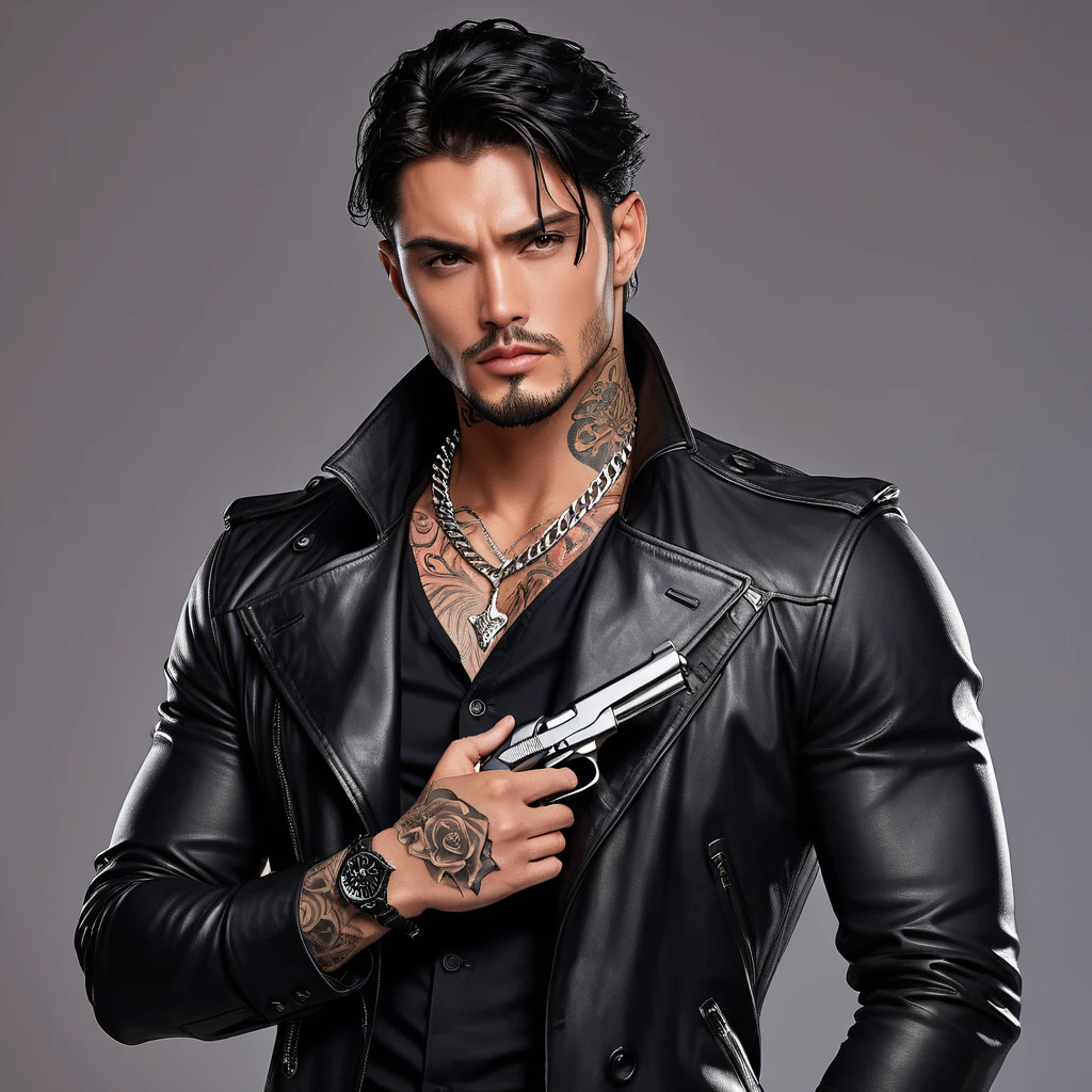 A Handsome Crime Lord. He have Broad-shouldered, athletic build. He have tousled jet black hair, lightly tanned skin tone, and Onyx black eyes, with reddish tint. He have tattoos all over his body, with well-groomed stubbles on his chin. He wear Black Leather Trench Coat over Burgundy Single-breasted dress shirt, and black vest. He wear black slacks, and boots. A silver chain necklace adorned his neck, and silver bracelet watch adorned his left wrist, holding a gun.