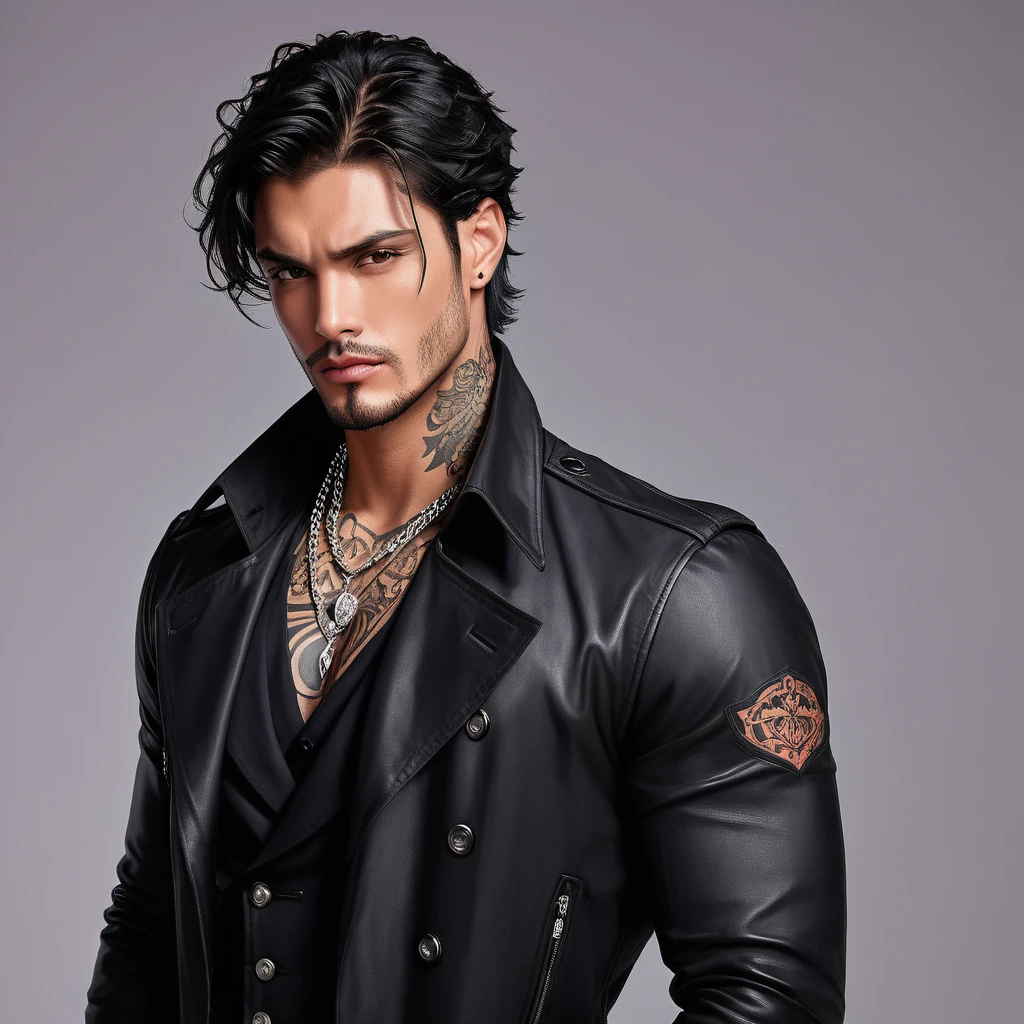 A Handsome Crime Lord. He have Broad-shouldered, athletic build. He have tousled jet black hair, lightly tanned skin tone, and Onyx black eyes, with reddish tint. He have tattoos all over his body, with well-groomed stubbles on his chin. He wear Black Leather Trench Coat over Burgundy Single-breasted dress shirt, and black vest. He wear black slacks, and boots. A silver chain necklace adorned his neck, and silver bracelet watch adorned his left wrist, holding a gun.