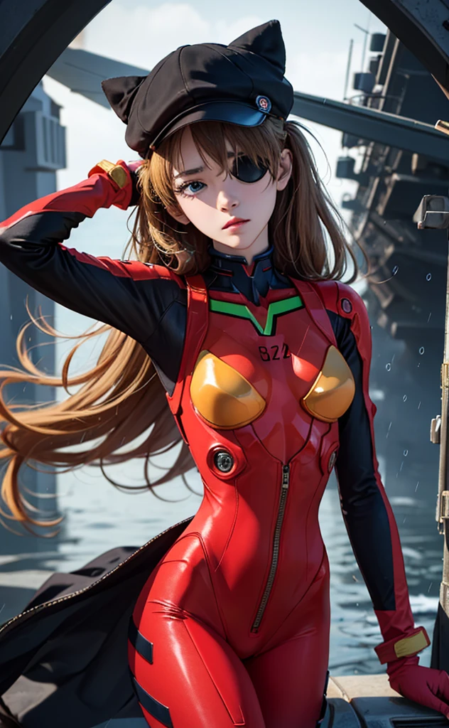 (A masterpiece:1.4、HighestQuali)、(intricately details)、Unity8k wallpapers、ultra - detailed、Beautiful and mysterious、Detailed background、hentail realism、Solo、Perfectly detailed face、Detailed blue eyes、highly  detailed、face flushed、hair adornments、Chignon mahogany hair、(Blonde hair)、Plug Suit 02,Shikinami Asuka Langley、Evangelion、Slender 15 year old girl、Black banded eye patch on left eye、Full body suit、with black background、On the waist、Pirate hat、Red chest、Red jersey、White line on the arm，The panties are not completely taken off, on aircraft carrier, stormy background, sad background, rain , emotionless, stoic, cold, thick, tall