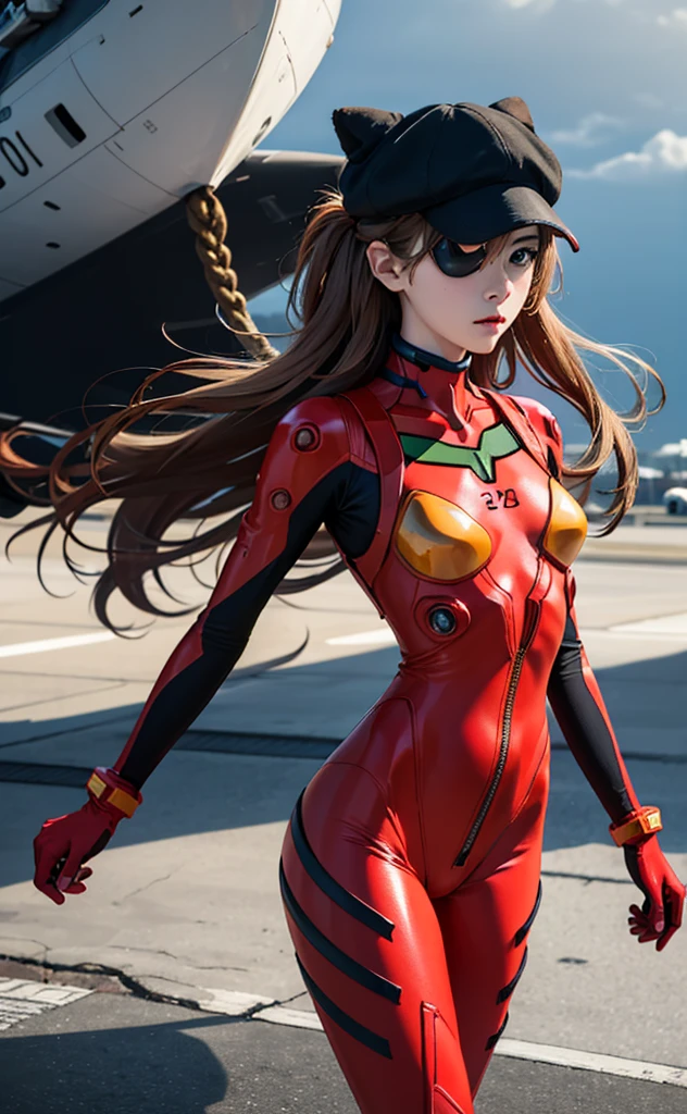(A masterpiece:1.4、HighestQuali)、(intricately details)、Unity8k wallpapers、ultra - detailed、Beautiful and mysterious、Detailed background、hentail realism、Solo、Perfectly detailed face、Detailed blue eyes、highly  detailed、face flushed、hair adornments、Chignon mahogany hair、(Blonde hair)、Plug Suit 02,Shikinami Asuka Langley、Evangelion、Slender 15 year old girl、Black banded eye patch on left eye、Full body suit、with black background、On the waist、Pirate hat、Red chest、Red jersey、White line on the arm，The panties are not completely taken off, on aircraft carrier, stormy background, sad background, rain , emotionless, stoic, cold, thick, tall
