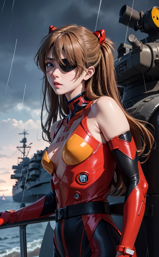 (A masterpiece:1.4、HighestQuali)、(intricately details)、Unity8k wallpapers、ultra - detailed、Beautiful and mysterious、Detailed background、hentail realism、Solo、Perfectly detailed face、Detailed blue eyes、highly detailed、face flushed、hair adornments、Chignon mahogany hair、(Blonde hair)、Plug Suit 02,Shikinami Asuka Langley、Evangelion、Slender 15 year old girl、Black banded eye patch on left eye、Full body suit、with black background、On the waist、Pirate hat、Red chest、Red jersey、White line on the arm,The panties are not completely taken off, on aircraft carrier, stormy background, sad background, rain , emotionless, stoic, cold, thick, tall