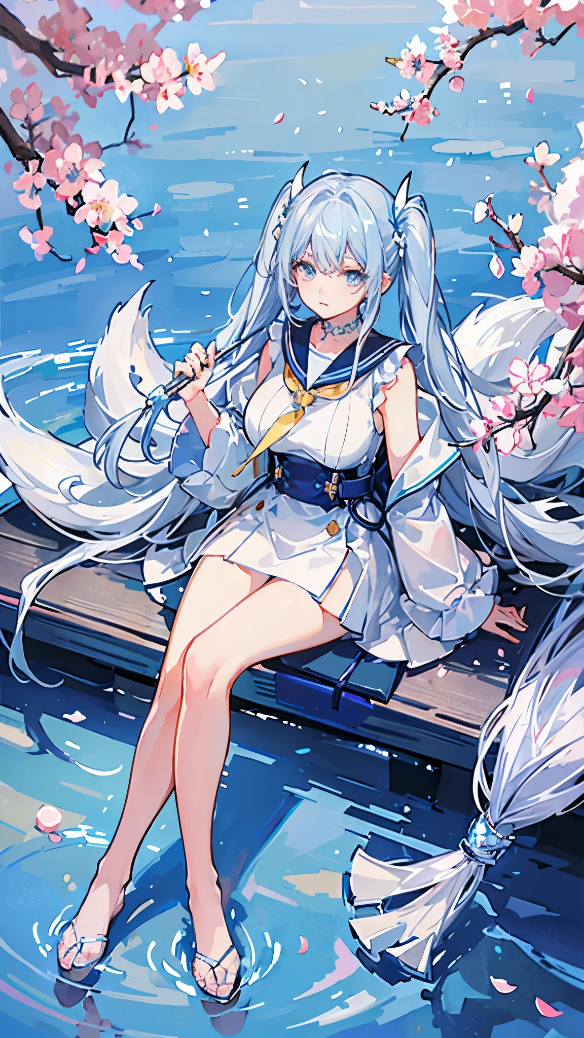 Crystal clear light blue hair、Her hair is gradated and white from the hairline to the middle.、Hair length is up to the knees、A shiny, light blue sailor suit、The hair ornament is glittering gold.、Silver hair ornament、Cherry blossom petals are waiting in the background、Holding an instrument、She has big breasts、Adult face、Playing