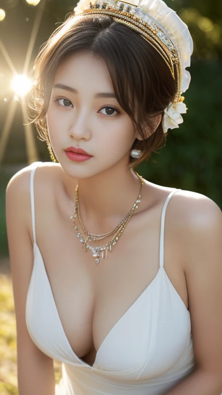 (((best quality, 8 thousand, masterpiece:1.4)), (20 year old woman), masterpiece, distinct, highres, high_quality, wide_shot, small_face, absurdly_short_hair, female, sagging_breasts, balancing, stretching, gentle_face, bare_shoulders, ((best quality)), ((masterpiece)), (detailed), perfect face, very big breasts, ultra high definition, 8k, perfect body, hud, Ergonomic, slim legs, small face, long eyelashes, Sparkling lips, eye for detail, clean skin, blemish-free face, japanese beauties, 20 year old woman, 1 woman, Sexy pelvis, (Huge, saggy breasts), best quality, masterpiece, 1 woman, (폴카 도트 dress), (dress:1.5), headdress, necklace, (bijouterie:1.8), beautiful face, , Tyndall effect, realistic, rim lights, two tone lighting, (매우 detailed 피부:1.2), DSLR, (spread light:1.5) soft lighting, high quality, volumetric lighting, candid, in the garden, picture, high resolution, 4K, 8 thousand, bokeh, 