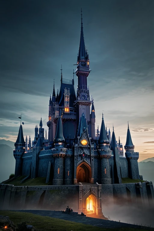 A dark castle that is futuristic, big and realistic 