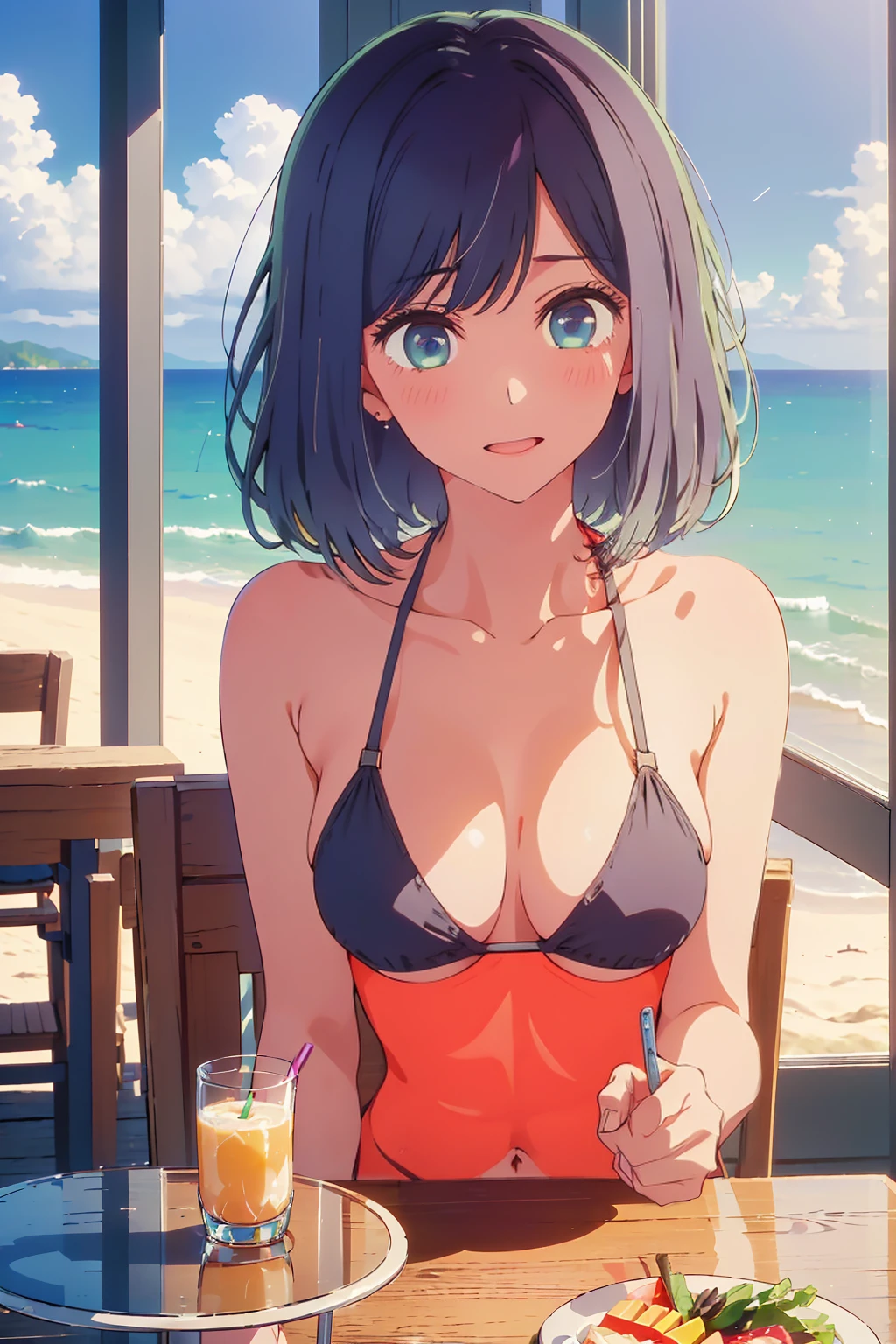 (Highest quality:1.4、masterpiece:1.4、Super detailed:1.4、8K:1.4)、((((1 person、Surprised expression、sit、Outdoor café terrace、coastal、juice、table、Sandy Beach、juiceのグラスを持つ、Micro Bikini、Very soft boobs、Big eyes、Very cute face))))、(moonlight:1.4、at midnight:1.4)、F cup bust、Medium breast、Underboob