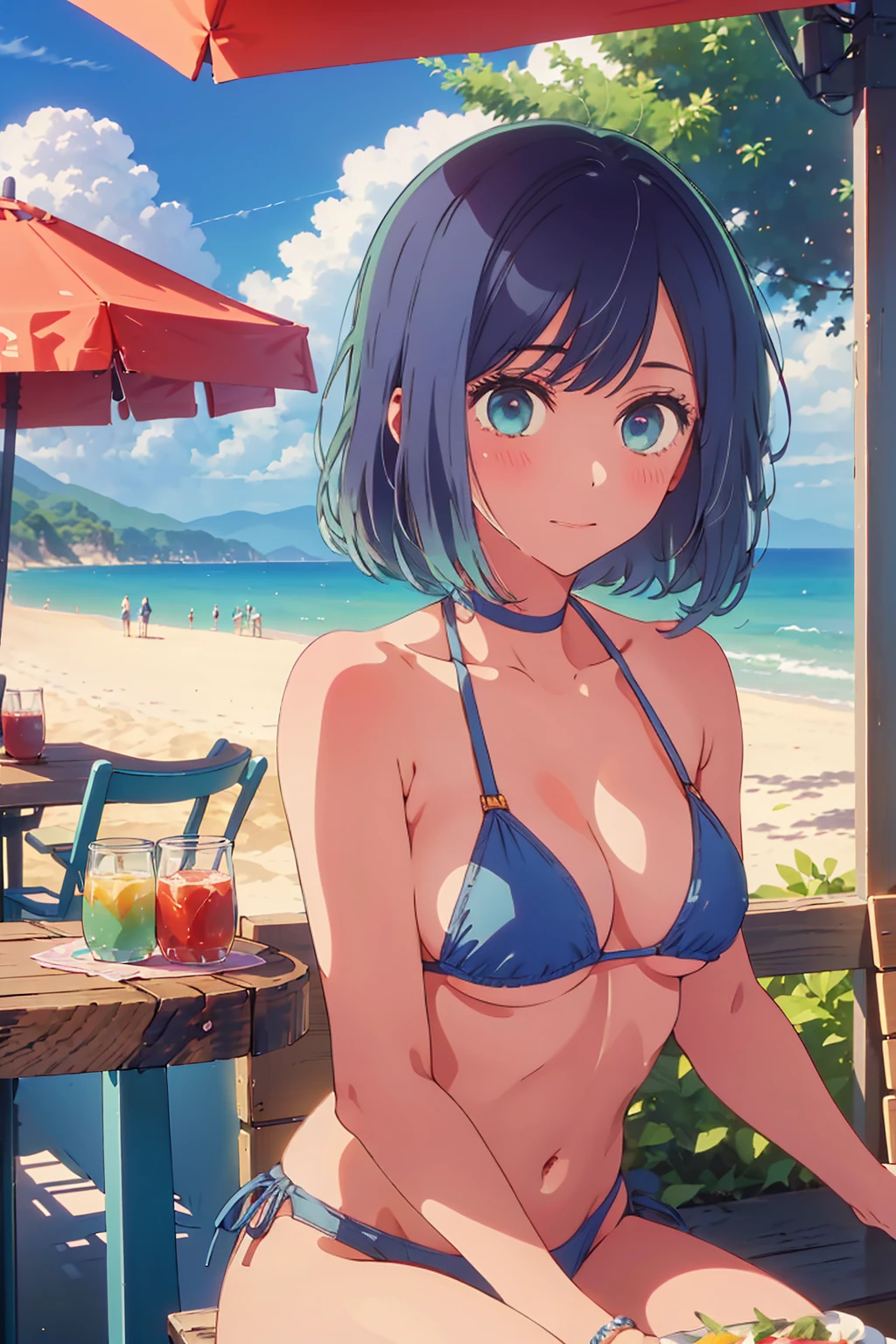 (Highest quality:1.4、masterpiece:1.4、Super detailed:1.4、8K:1.4)、((((1 person、Surprised expression、sit、Outdoor café terrace、coastal、juice、table、Sandy Beach、juiceのグラスを持つ、Micro Bikini、Very soft boobs、Big eyes、Very cute face))))、(moonlight:1.4、at midnight:1.4)、F cup bust、Medium breast、Underboob