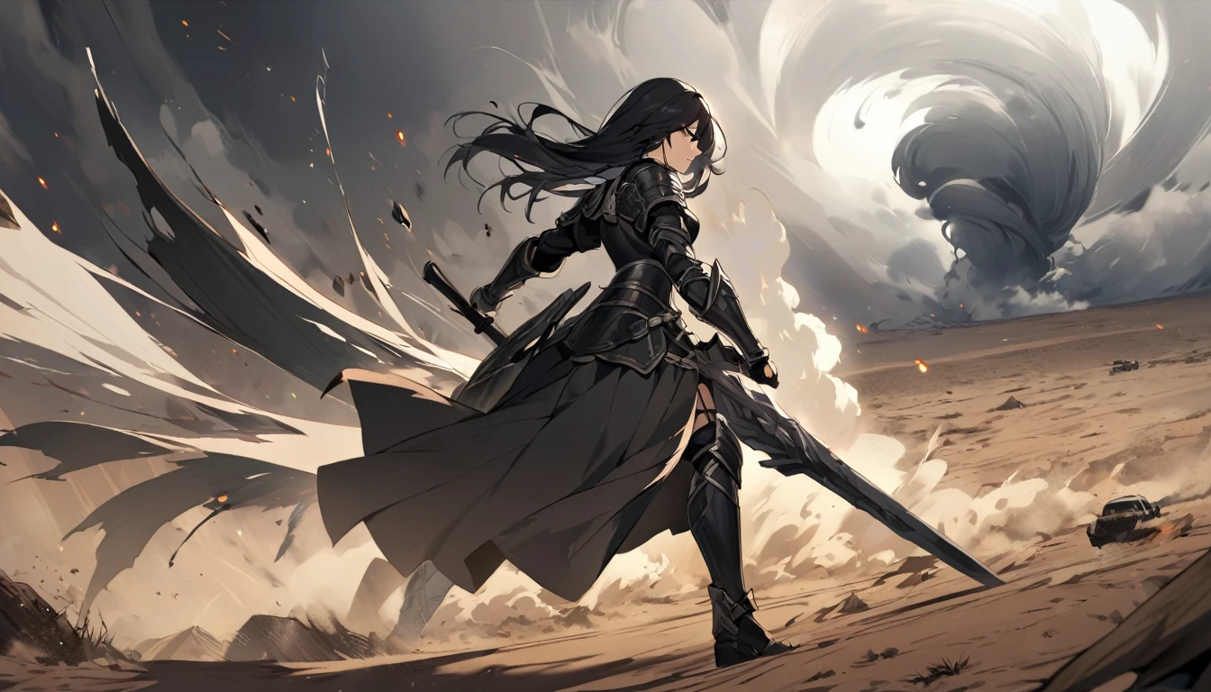 A beautiful female warrior with long black hair and wearing black armor fights in the desert. tornado,