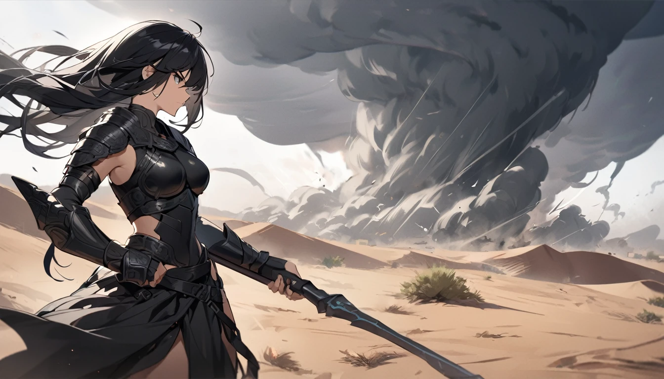 A beautiful female warrior with long black hair and wearing black armor fights in the desert. tornado,