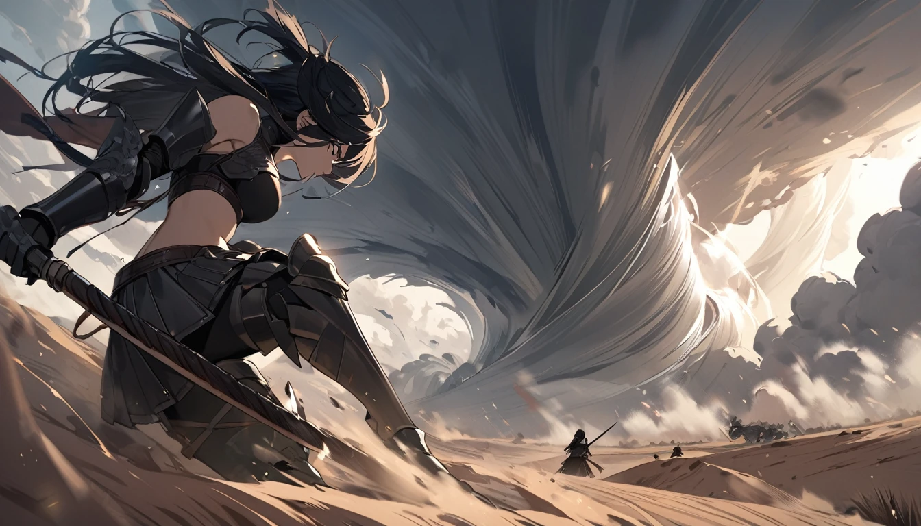 A beautiful female warrior with long black hair and wearing black armor fights in the desert. tornado,
