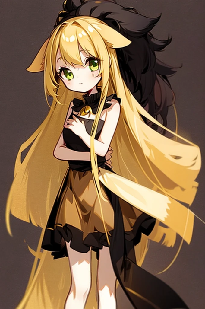 1girl with long golden hair, green eyes, floppy dog ears,emoteless face, golden dress with open shoulders. Black stockings. Chibi style, simple background, hand on chest, golden ears