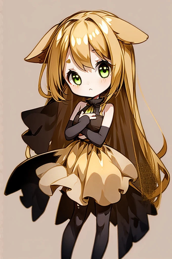 1girl with long golden hair, green eyes, floppy dog ears,emoteless face, golden dress with open shoulders. Black stockings. Chibi style, simple background, hand on chest, golden ears