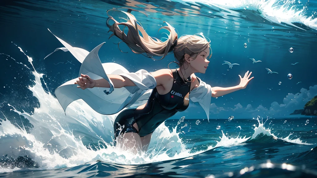 female, glad, in the ocean, long shot, best quality, calm atmosphere