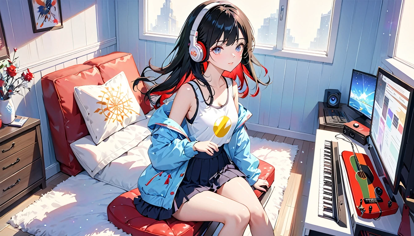 (Absurd:1.1, High resolution:1.1, 超detailed:1.1), 非常にdetailedな, 超detailed hair, (Fine grain:1.4), (Shining Eyes:1.3), thin, cute, Perfectly symmetrical face, narr○w waist, 超cute girl, 超cute face, 超cute, Super beautiful, Beautiful colors, merry (Yanmar gauge),From wlop,((Great quality)), (Beautiful legs), (Beautiful Hair), Black Hair, computer, Beautiful Style (Beautiful colors,detailed,Highest quality,Great quality,so beautiful), guitar, Headphones, Tank top, Jacket, Lighting and Shadows(perspective), Lighting particles, colorful, masterpiece, Very stylish room,