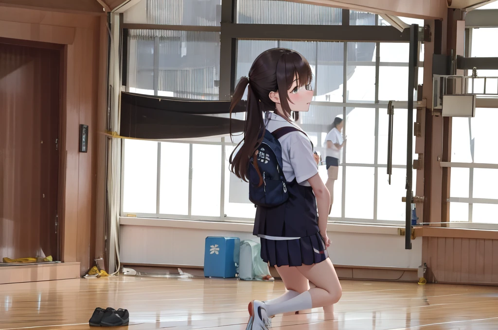 A female student in a sailor uniform is watching a physical education class in the gymnasium because she is feeling unwell