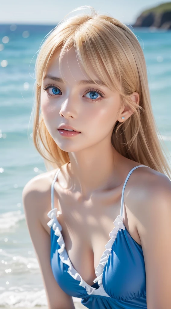 Adorable, 14years , Ruffled plummeting one-piece swimsuit, A very beautiful blonde girl from Scandinavia, Lush bust,Beach, Low contrast, (Smirking expression:0.8), Super Long Straight Silky Hair、hair scrunchie, long bangs between eyes、Best Quality, 超A high resolution, photographrealistic, ultra-detailliert, 8K, Raw photo, masuter piece、Very beautiful bright and shining light blue big eyes、very big eyes、gloss cheek highlights、Small face beauty、Kamimei