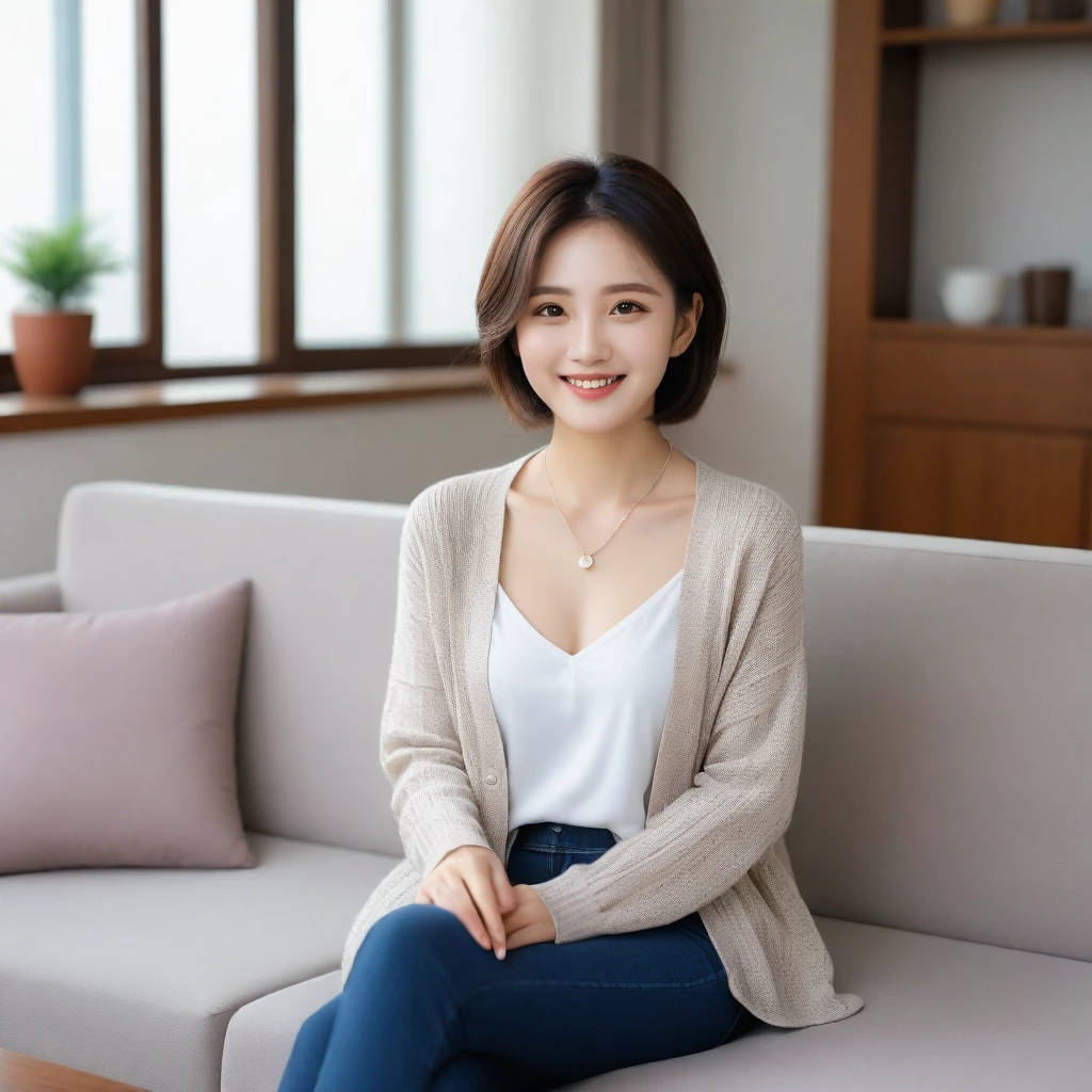 Beautiful Korean Woman , 32 inch chest size, Your eyes are big and pretty. Wearing a cardigan with a blouse, casual pants, short medium hair, Smile. necklace, sit on the sofa , coffee on the table, uhd