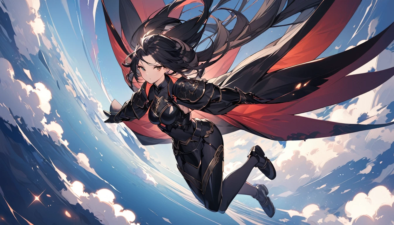 A beautiful female warrior with long black hair and wearing black armor, flying in the sky.