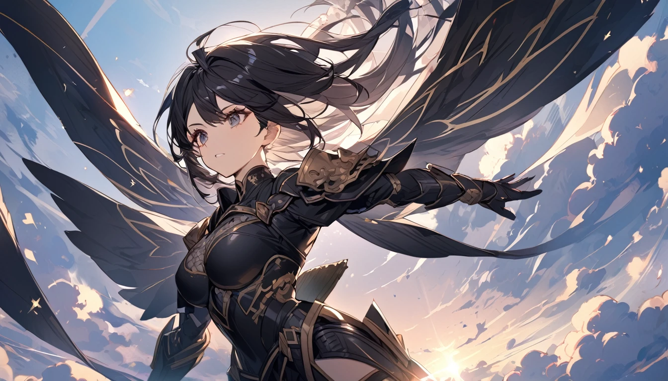 A beautiful female warrior with long black hair and wearing black armor, flying in the sky.