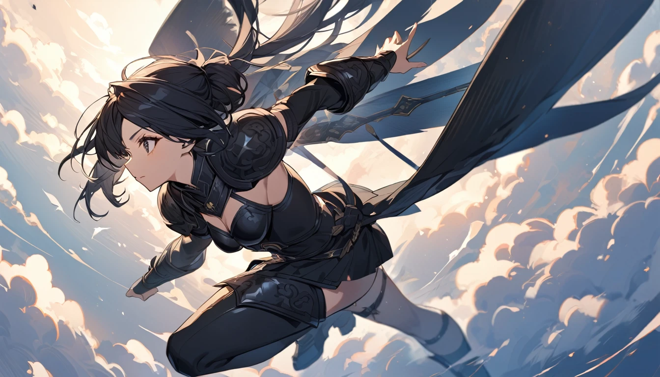 A beautiful female warrior with long black hair and wearing black armor, flying in the sky.