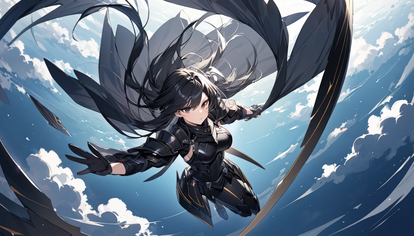 A beautiful female warrior with long black hair and wearing black armor, flying in the sky.