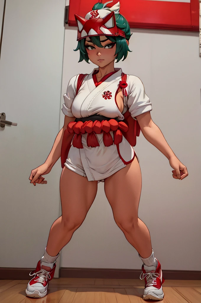 Kiriko, slender body, absolutely naked asian girl exclusively in red and white sneakers, red Kiriko forehead protector, Japan