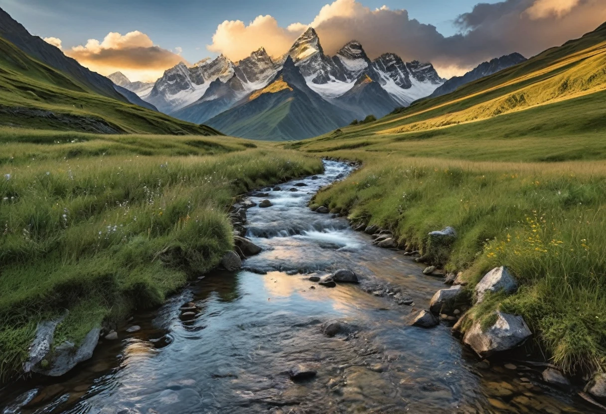 Swiss rural scenery photography,Distant Mountains,Clouds,Glow,A stream leads to the distance,Alone walking on the path,RAW,uhd,8K,Detailed Details,Best quality,Perfect color matching,Sense of atmosphere,Masterpieces shot by international photography masters,National Geographic Photography Award Winners