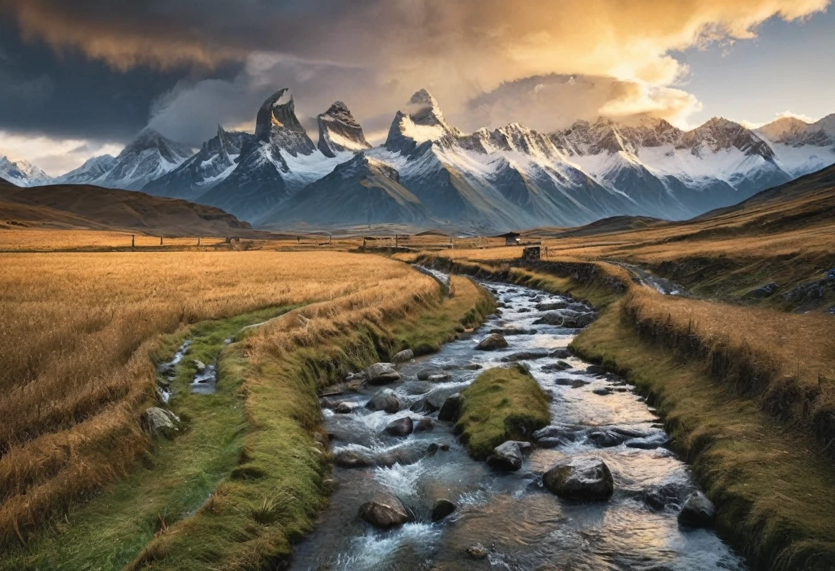Swiss rural scenery photography,Distant Mountains,Clouds,Glow,A stream leads to the distance,Alone walking on the path,RAW,uhd,8K,Detailed Details,Best quality,Perfect color matching,Sense of atmosphere,Masterpieces shot by international photography masters,National Geographic Photography Award Winners