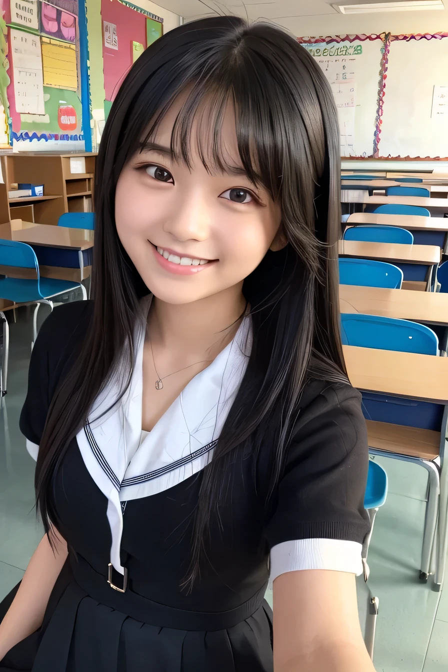 Highest quality、high school girl、 Black Hair、smile、Beautiful teeth alignment、、Intricate details, Very detailed:1.2), 、 Looking into the camera,The background is the classroom