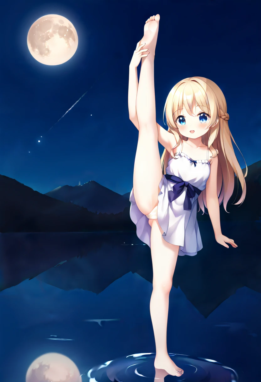 (masterpiece, Highest quality:1.2), One girl, alone,Are standing_Split, Are standing Split,Are standing on one leg,
(High resolution,Highest quality,Actual),1 Girl,Are standing on the lake,Looking at the moon,Sparkling Reflection on the water surface,Calm atmosphere,(ether, ether beauty:1.1),(Long flowing hair,loose fitting dress),