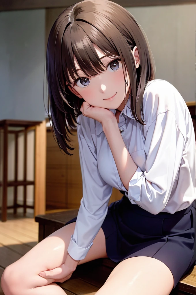 best quality, detailed face, highres, 1girl, middle breast, smile, silky shirts , dark gray skirt, good anatomy, looking at viewer, soft focus, cinematic lighting, depth of field, ((happy expression)), middle hair, bare legs, asymmetric hairstyle,