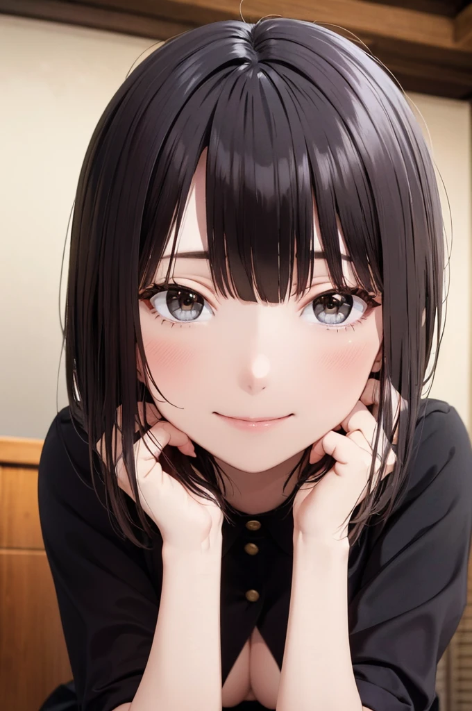 best quality, detailed face, highres, 1girl, middle breast, smile, silky shirts , dark gray skirt, good anatomy, looking at viewer, soft focus, cinematic lighting, depth of field, ((happy expression)), middle hair, bare legs, asymmetric hairstyle,