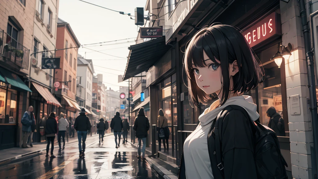 female, glad, best quality, calm atmosphere, medium shot, on the street